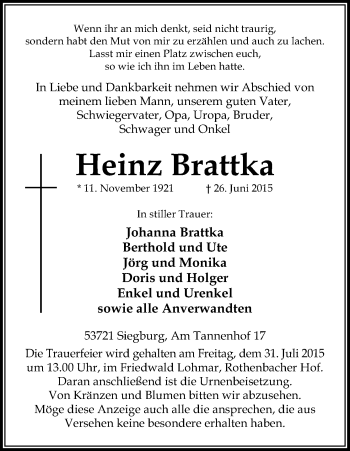 Anzeige von Heinz Brattka von Kölner Stadt-Anzeiger / Kölnische Rundschau / Express