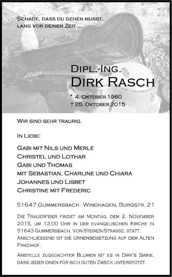 Anzeige von Dirk Rasch von Kölner Stadt-Anzeiger / Kölnische Rundschau / Express