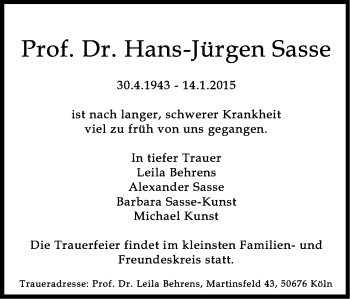Anzeige von Hans-Jürgen Sasse von Kölner Stadt-Anzeiger / Kölnische Rundschau / Express