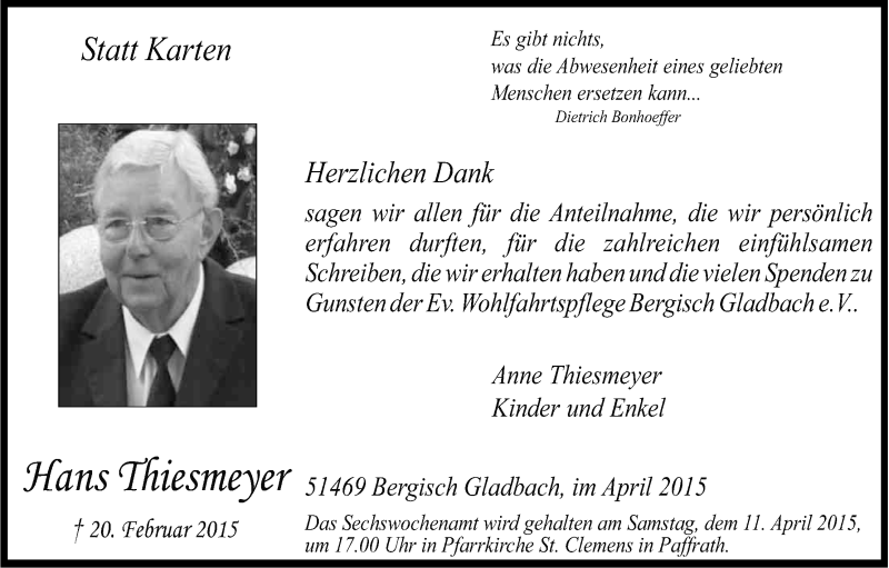  Traueranzeige für Hans Thiesmeyer vom 04.04.2015 aus Kölner Stadt-Anzeiger / Kölnische Rundschau / Express