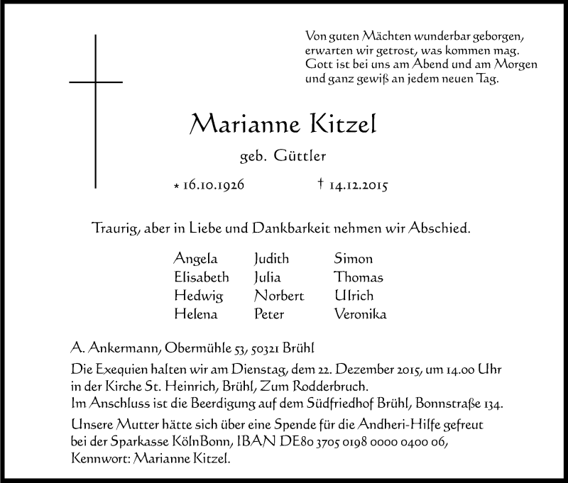  Traueranzeige für Marianne Kitzel vom 16.12.2015 aus Kölner Stadt-Anzeiger / Kölnische Rundschau / Express