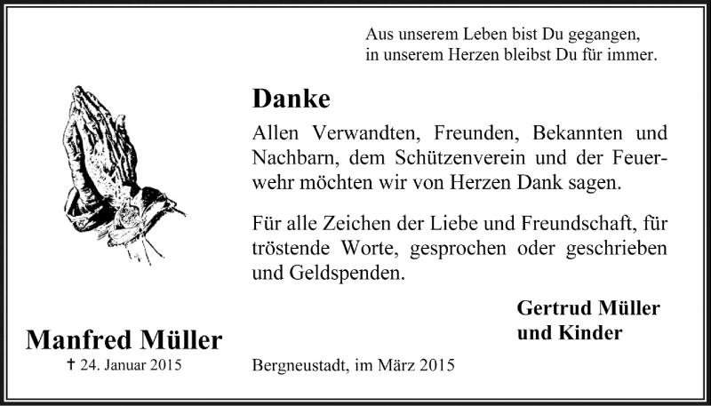  Traueranzeige für Manfred Müller vom 11.03.2015 aus  Anzeigen Echo 