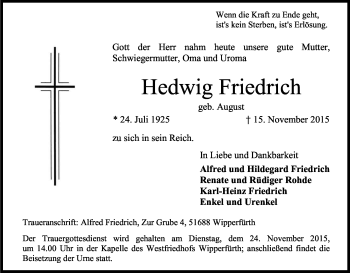 Anzeige von Hedwig Friedrich von Kölner Stadt-Anzeiger / Kölnische Rundschau / Express