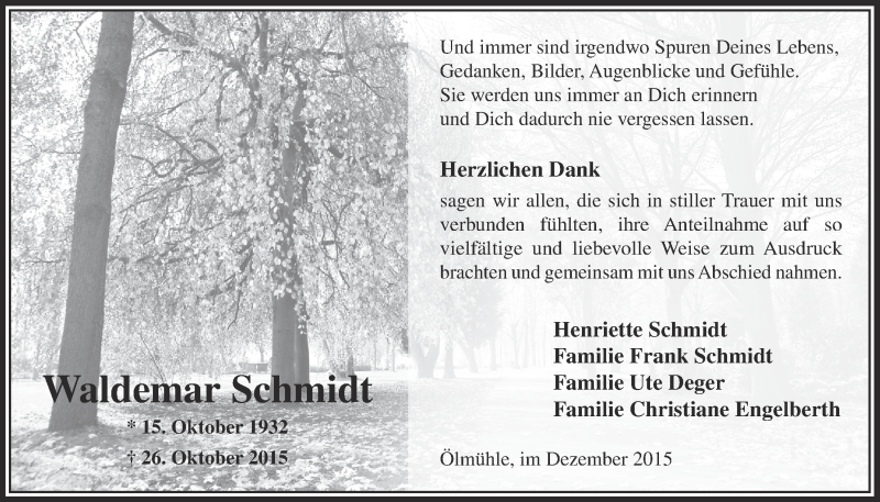  Traueranzeige für Waldemar Schmidt vom 16.12.2015 aus  Lokalanzeiger 