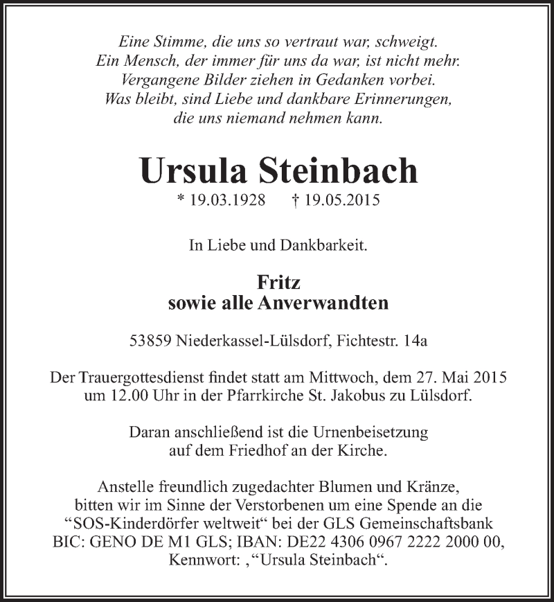  Traueranzeige für Ursula Steinbach vom 23.05.2015 aus  Rhein-Sieg-Wochenende 