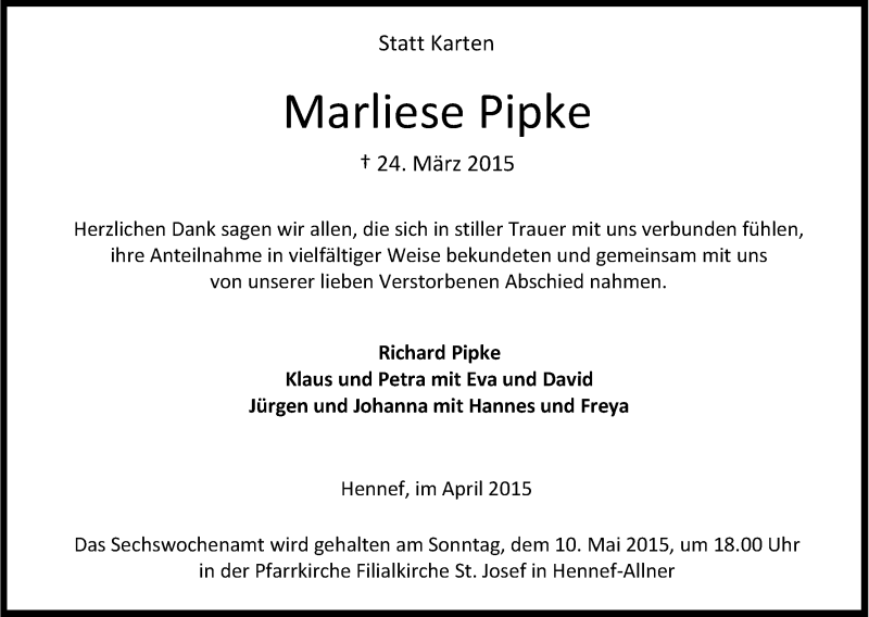  Traueranzeige für Marliese Pipke vom 18.04.2015 aus Kölner Stadt-Anzeiger / Kölnische Rundschau / Express