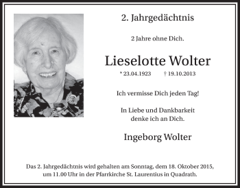 Anzeige von Lieselotte Wolter von  Sonntags-Post 
