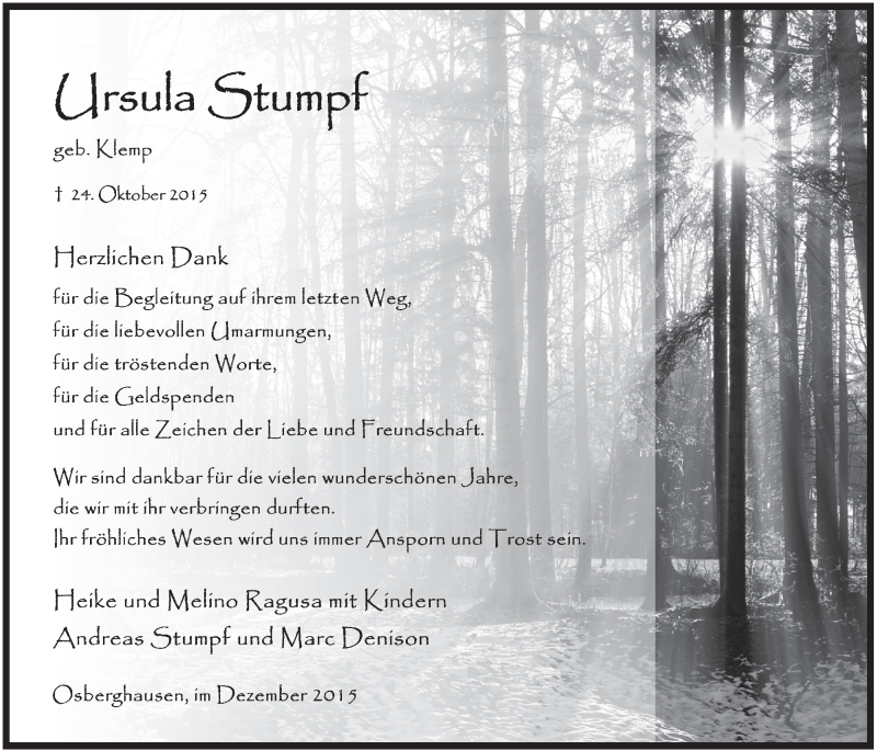  Traueranzeige für Ursula Stumpf vom 09.12.2015 aus  Anzeigen Echo 