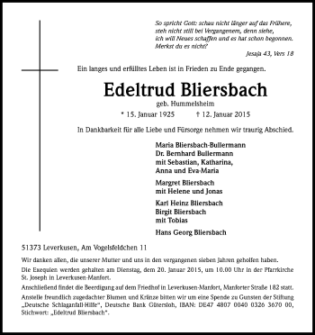 Anzeige von Edeltrud Bliersbach von Kölner Stadt-Anzeiger / Kölnische Rundschau / Express