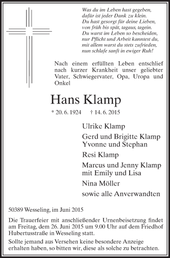 Anzeige von Hans Klamp von  Schlossbote/Werbekurier 