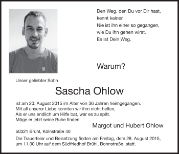 Anzeige von Sascha Ohlow von  Schlossbote/Werbekurier 