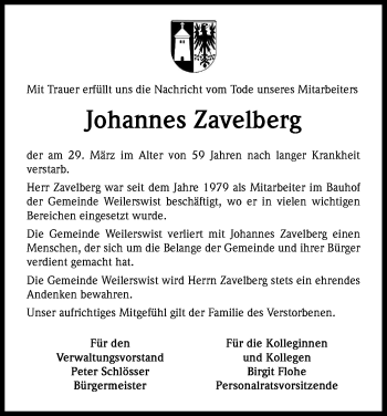 Anzeige von Johannes Zavelberg von Kölner Stadt-Anzeiger / Kölnische Rundschau / Express