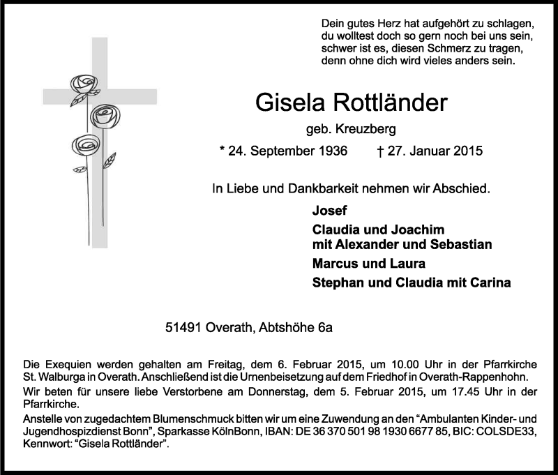  Traueranzeige für Gisela Rottländer vom 31.01.2015 aus Kölner Stadt-Anzeiger / Kölnische Rundschau / Express