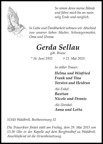 Anzeige von Gerda Sellau von Kölner Stadt-Anzeiger / Kölnische Rundschau / Express