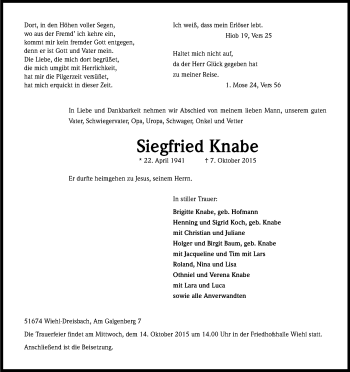 Anzeige von Siegfried Knabe von Kölner Stadt-Anzeiger / Kölnische Rundschau / Express