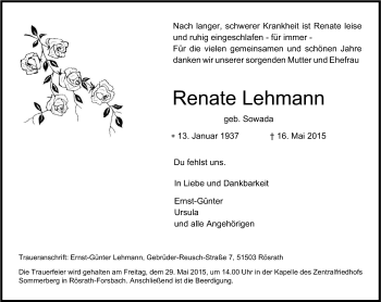 Anzeige von Renate Lehmann von Kölner Stadt-Anzeiger / Kölnische Rundschau / Express