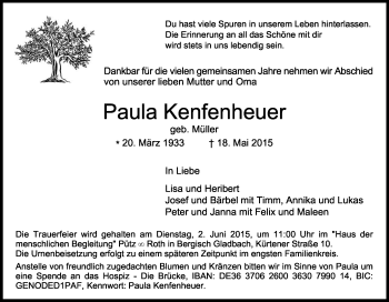 Anzeige von Paula Kenfenheuer von Kölner Stadt-Anzeiger / Kölnische Rundschau / Express