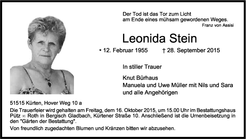  Traueranzeige für Leonida Stein vom 03.10.2015 aus Köln - Wir Trauern