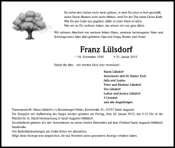 Anzeige von Franz Lülsdorf von Kölner Stadt-Anzeiger / Kölnische Rundschau / Express