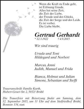 Anzeige von Gertrud Gerhardt von  Schlossbote/Werbekurier 