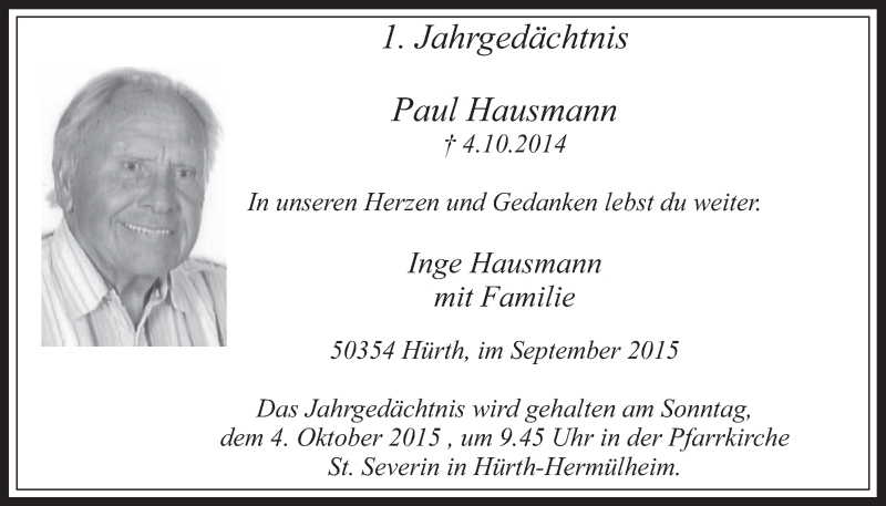  Traueranzeige für Paul Hausmann vom 23.09.2015 aus  Wochenende 