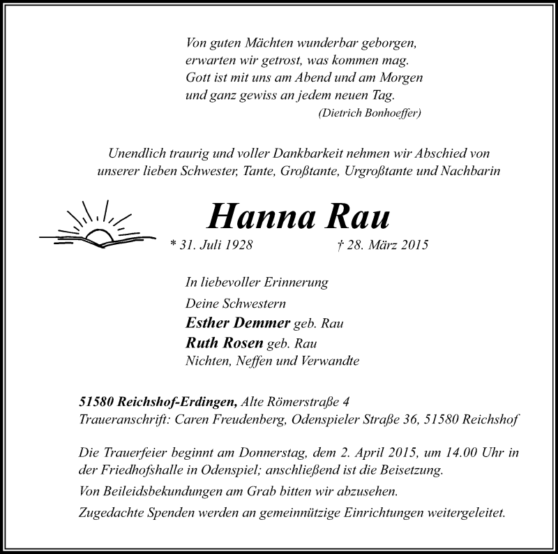  Traueranzeige für Hanna Rau vom 31.03.2015 aus Kölner Stadt-Anzeiger / Kölnische Rundschau / Express