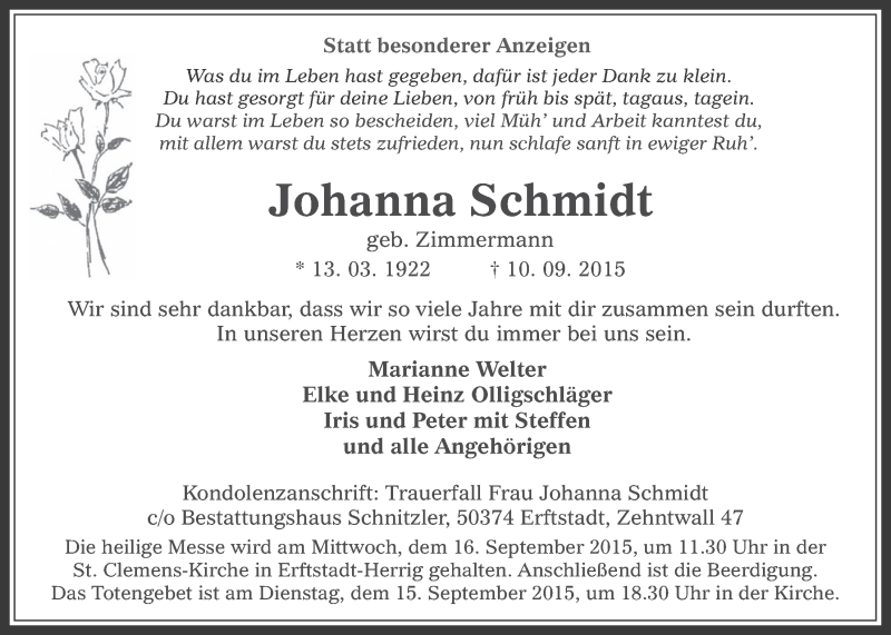  Traueranzeige für Johanna Schmidt vom 12.09.2015 aus  Sonntags-Post 