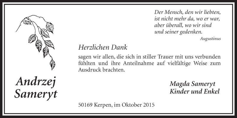  Traueranzeige für Andrzej Sameryt vom 31.10.2015 aus  Sonntags-Post 