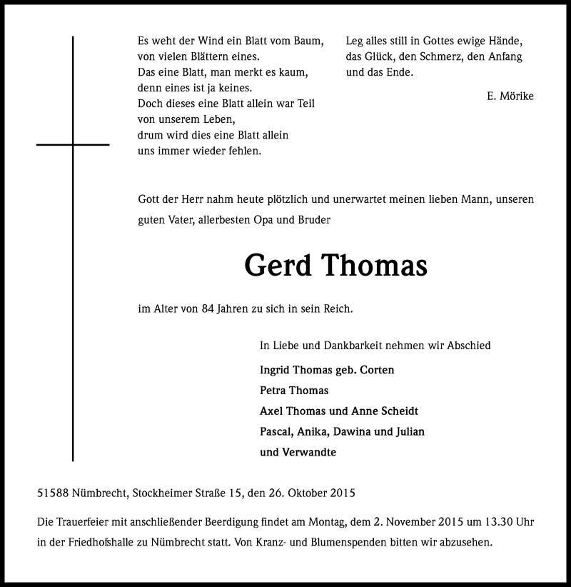  Traueranzeige für Gerd Thomas vom 28.10.2015 aus Kölner Stadt-Anzeiger / Kölnische Rundschau / Express
