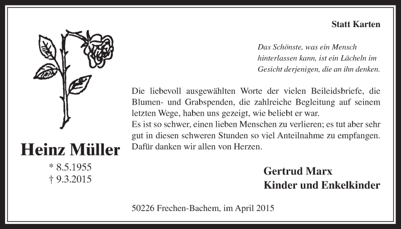  Traueranzeige für Heinz Müller vom 15.04.2015 aus  Wochenende 
