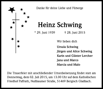 Anzeige von Heinz Schwing von Kölner Stadt-Anzeiger / Kölnische Rundschau / Express