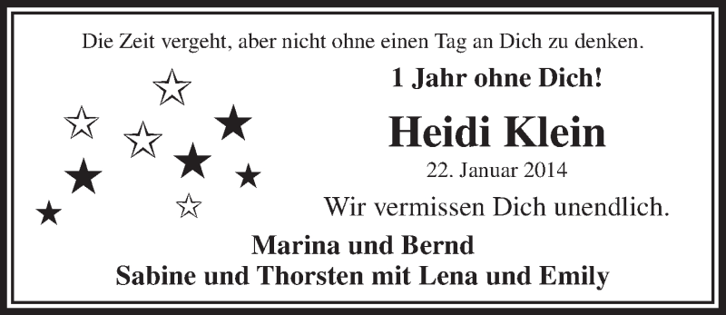  Traueranzeige für Heidi Klein vom 21.01.2015 aus  Lokalanzeiger 