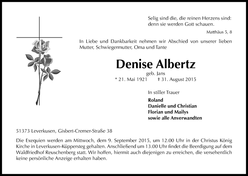  Traueranzeige für Denise Albertz vom 05.09.2015 aus Kölner Stadt-Anzeiger / Kölnische Rundschau / Express
