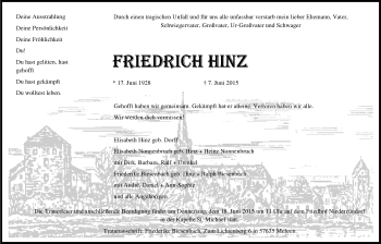 Anzeige von Friedrich Hinz von  Kölner Wochenspiegel 