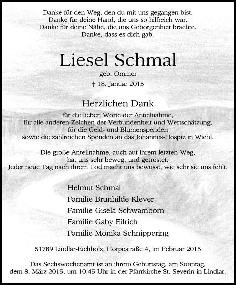  Traueranzeige für Liesel Schmal vom 28.02.2015 aus Kölner Stadt-Anzeiger / Kölnische Rundschau / Express