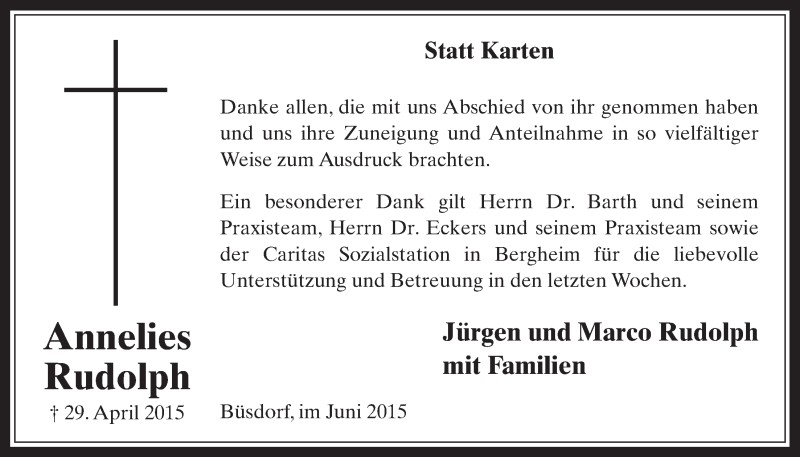  Traueranzeige für Annelies Rudolph vom 03.06.2015 aus  Werbepost 