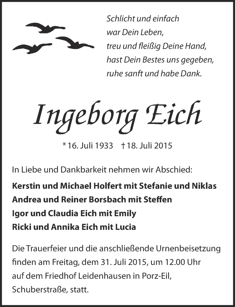  Traueranzeige für Ingeborg Eich vom 29.07.2015 aus  Kölner Wochenspiegel 