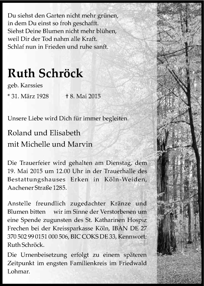  Traueranzeige für Ruth Schröck vom 16.05.2015 aus Kölner Stadt-Anzeiger / Kölnische Rundschau / Express