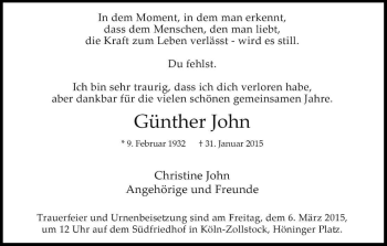 Anzeige von Günther John von Kölner Stadt-Anzeiger / Kölnische Rundschau / Express