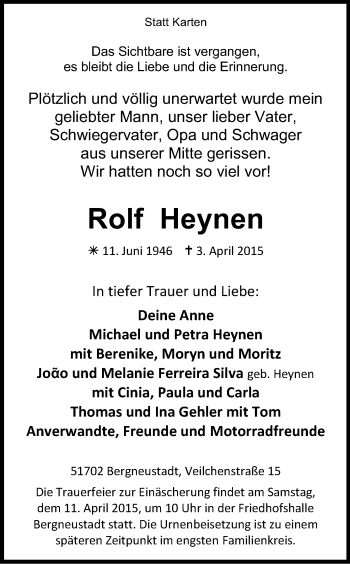 Anzeige von Rolf Heynen von Kölner Stadt-Anzeiger / Kölnische Rundschau / Express