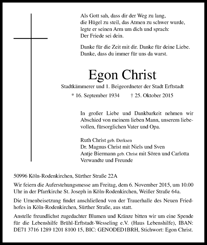  Traueranzeige für Egon Christ vom 31.10.2015 aus Kölner Stadt-Anzeiger / Kölnische Rundschau / Express