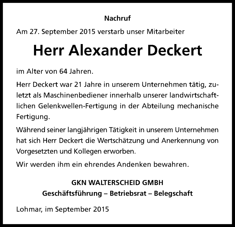  Traueranzeige für Alexander Deckert vom 02.10.2015 aus Kölner Stadt-Anzeiger / Kölnische Rundschau / Express