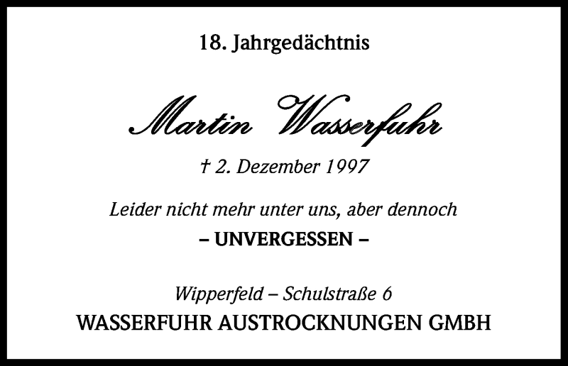  Traueranzeige für Martin Wasserfuhr vom 02.12.2015 aus Kölner Stadt-Anzeiger / Kölnische Rundschau / Express