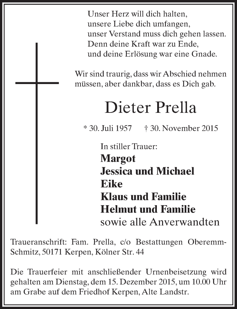  Traueranzeige für Dieter Prella vom 12.12.2015 aus  Sonntags-Post 