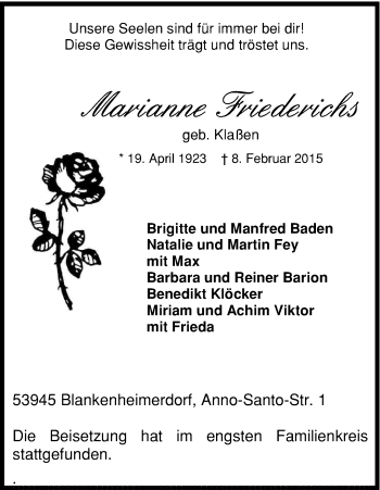 Anzeige von Marianne Friedrichs von Kölner Stadt-Anzeiger / Kölnische Rundschau / Express