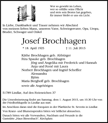 Anzeige von Josef Brochhagen von Kölner Stadt-Anzeiger / Kölnische Rundschau / Express