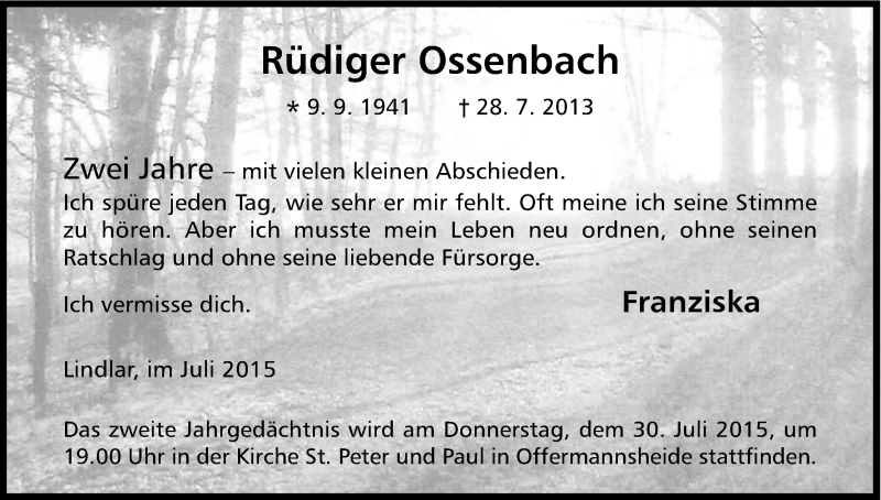  Traueranzeige für Rüdiger Ossenbach vom 25.07.2015 aus Kölner Stadt-Anzeiger / Kölnische Rundschau / Express