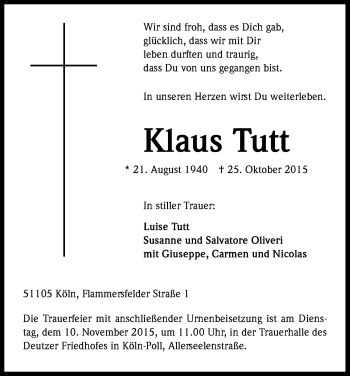Anzeige von Klaus Tutt von Kölner Stadt-Anzeiger / Kölnische Rundschau / Express