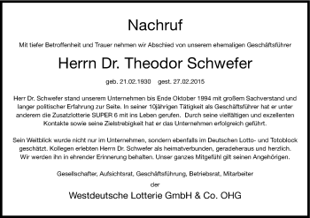 Anzeige von Theodor Schwefer von Kölner Stadt-Anzeiger / Kölnische Rundschau / Express