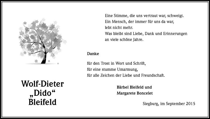  Traueranzeige für Wolf-Dieter Bleifeld vom 26.09.2015 aus Kölner Stadt-Anzeiger / Kölnische Rundschau / Express